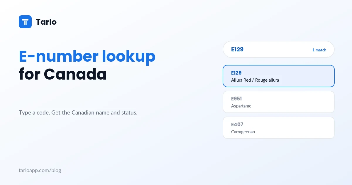 A searchable lookup table of E-numbers with Canadian and French label names.