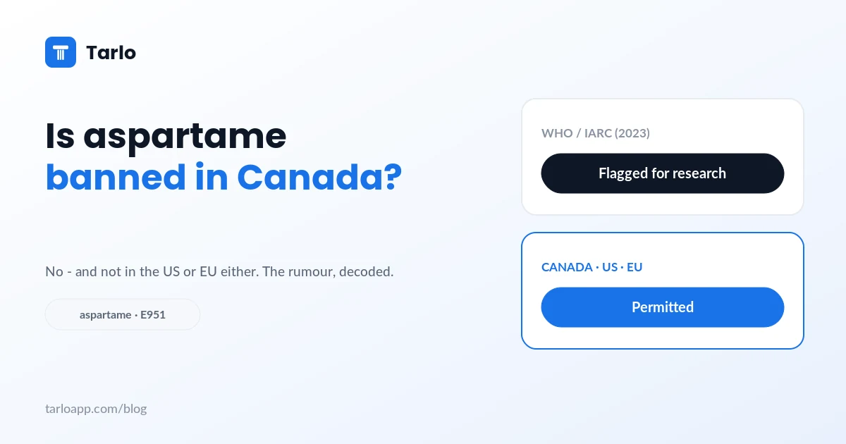A status card showing aspartame permitted in Canada with the 2023 WHO review noted.