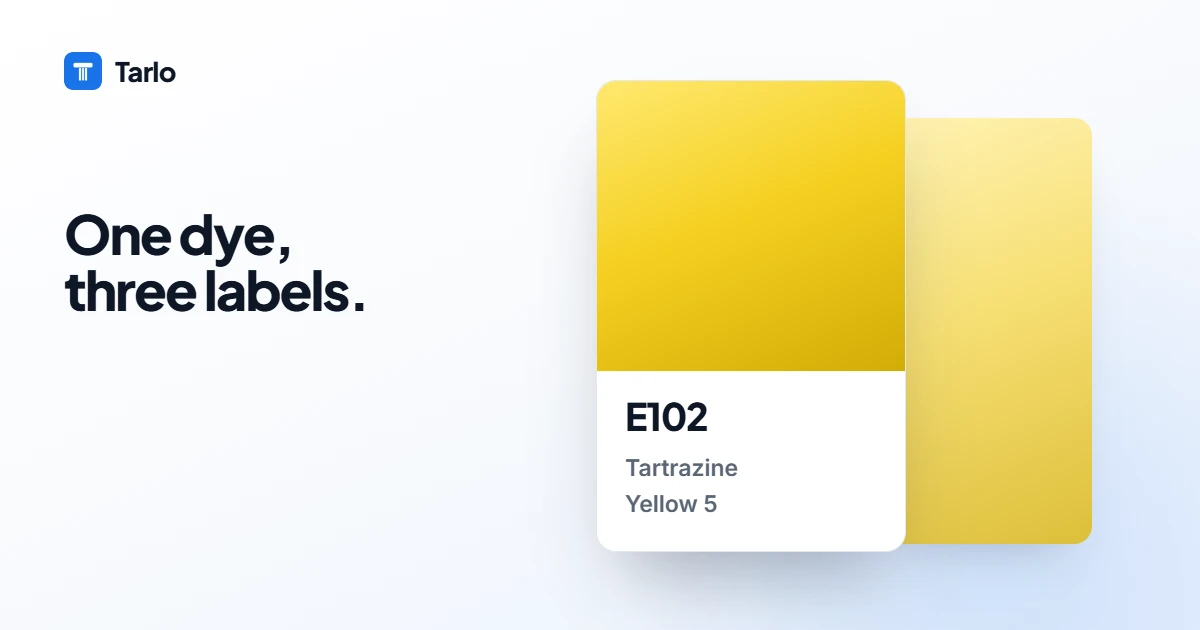 A yellow drink and snack beside a label card highlighting tartrazine E102.