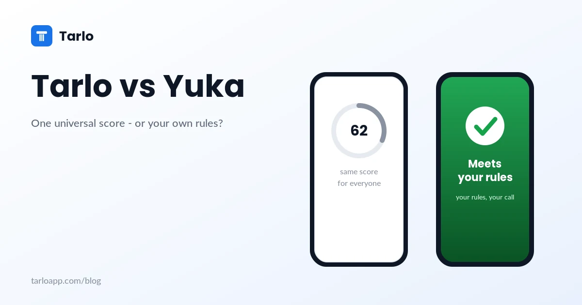 Two phones side by side: one showing a universal 62/100 score, the other showing a green 'Meets your rules' Tarlo verdict.