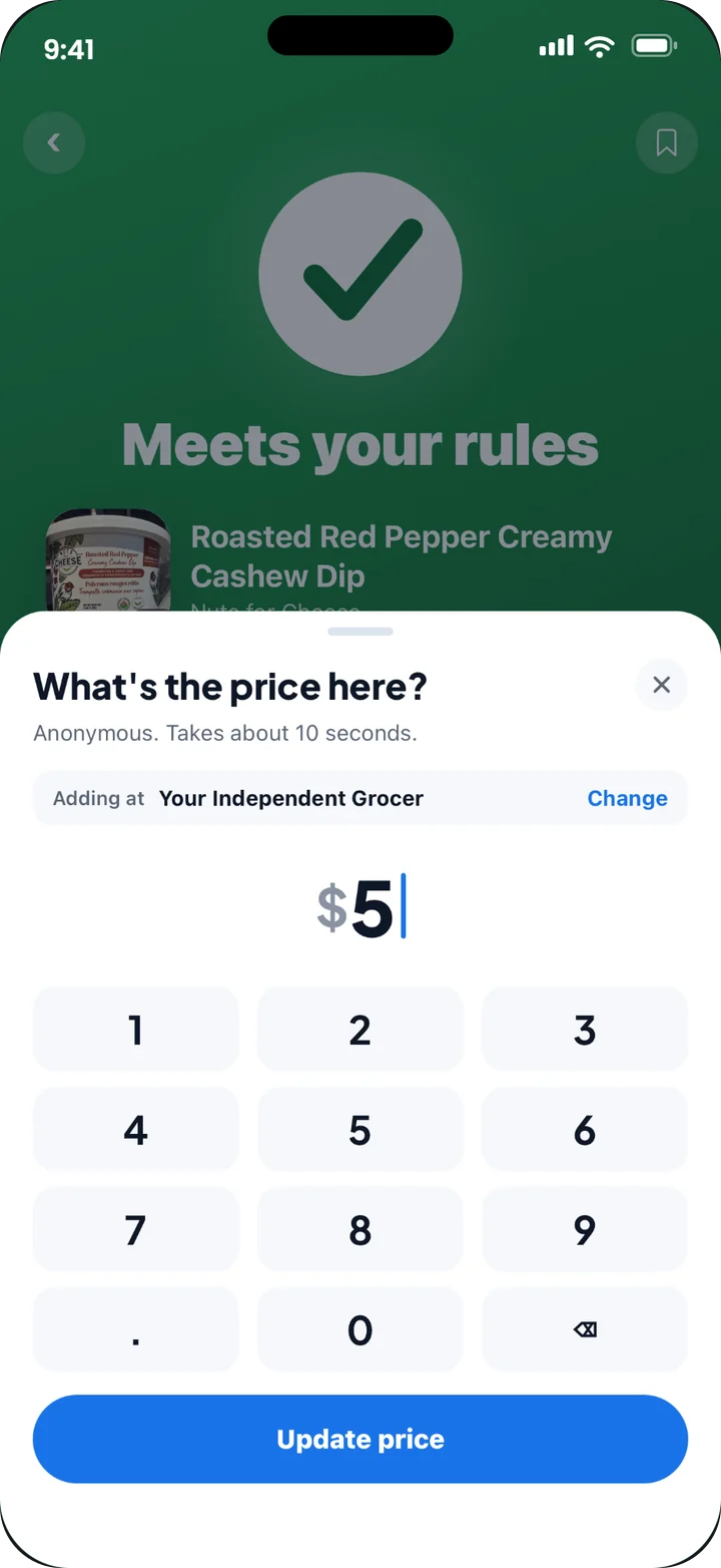 Tarlo price sheet: “What’s the price here?” with a keypad to add the shelf price anonymously.