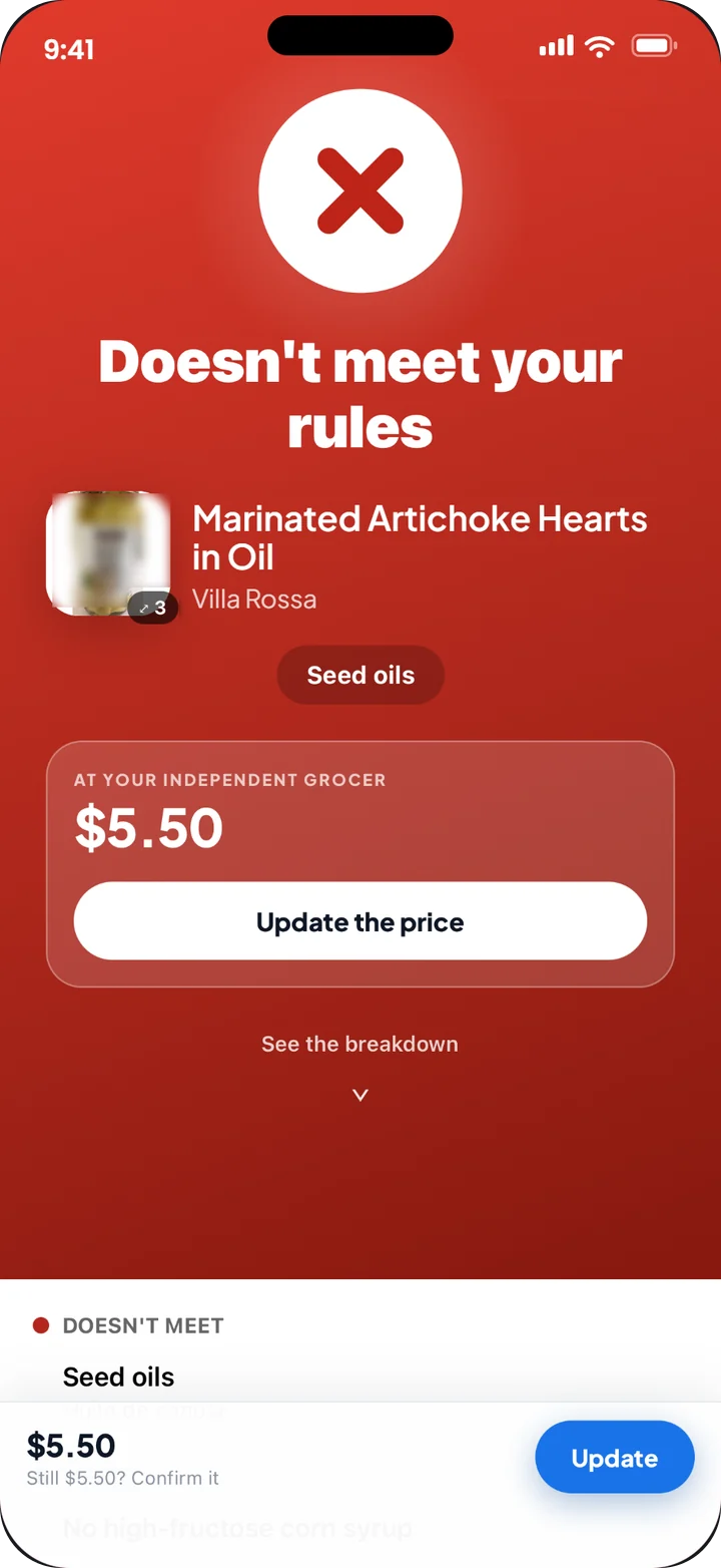 Tarlo verdict screen: a white cross on red reading “Doesn’t meet your rules” for Marinated Artichoke Hearts in Oil, flagged for seed oils.